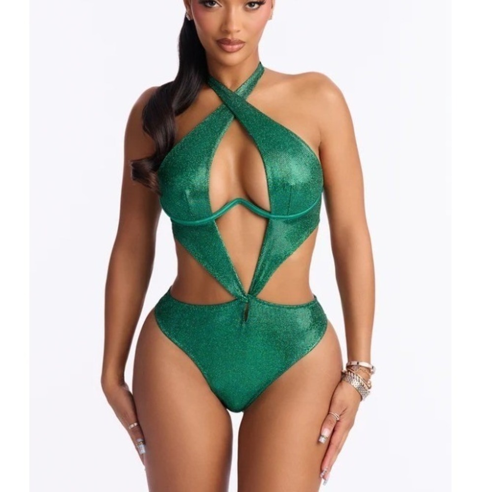 Fashion Nova In Devotion Shimmer Teddy Bodysuit Womens L/XL Green Festival NWT